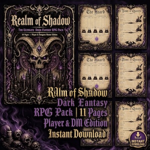 Puede incluir: Un paquete de juego de rol digital titulado Realm of Shadow con estética de fantasía oscura, motivos de calaveras, detalles en morado y arquitectura gótica. El set incluye hojas de personaje tituladas The Hoard y Tome of Quests.