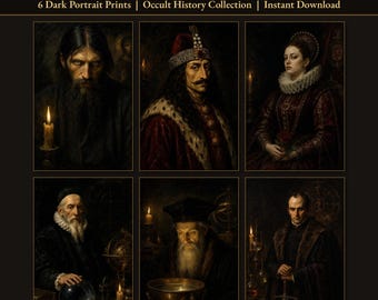Retratos históricos. Conjunto de 6 láminas de estilo gótico oscuro: Vlad, Rasputín, Báthory y Nostradamus.