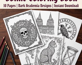 Kolorowanka gotycka, wydruki Dark Academia Art, czaszka, kruk, architektura, natychmiastowe pobranie