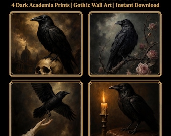 Dark Academia Raven Prints: Gotycki obraz olejny na ścianę (4 pliki cyfrowe do pobrania)