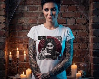 Koszulka gotycka Rasputin Hypnotist, japońska grafika kanji Demon Monk, unisexowa koszulka z mroczną historią