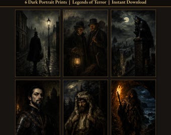 Láminas de arte oscuro con motivos históricos, folclore gótico victoriano y terror (descarga digital).