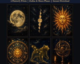 Celestial Art Set Prints, Zodiac & Moon Phases Wall Art, Instant Download