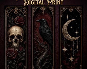 Gothic Bookmark Set, Printable Download with Skull, Raven, Moon, and Rose Designs