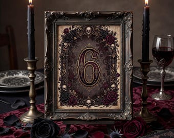 Números de mesa góticos, calavera y rosa de romance oscuro (descarga digital)