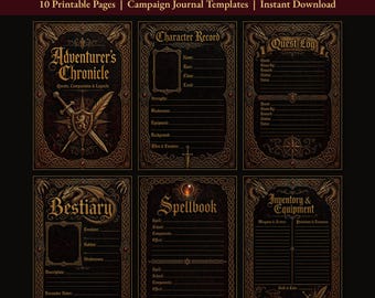 Pakiet dziennika gry fantasy RPG: 10 stron kampanii, arkusze postaci, dziennik zadań, bestiariusz, księga czarów.