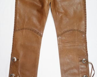 Pantalones Ralph Lauren Blue Label de cuero marrón con flecos y encaje indio estilo western, RAROS 4