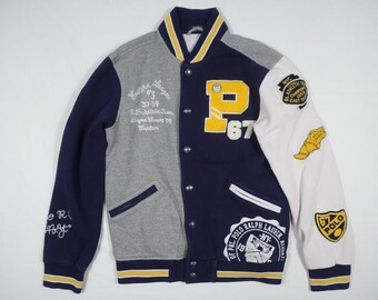 Polo Ralph Lauren Jackt Varsity Letterman P Wing Baseball Navy Yellow RARE S
