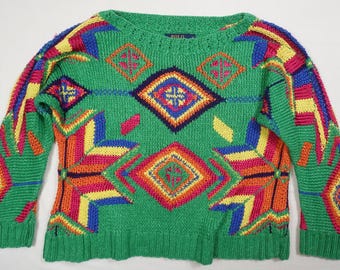 Sweter Polo Ralph Lauren Lniany Zielony Indyjski Wzór Aztecki Ręcznie Dziergany Pudełkowy Południowo-Zachodni S