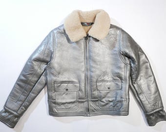 RLX Ralph Lauren Jacket Leather Shearling Silver Metallic Aviator RARE L