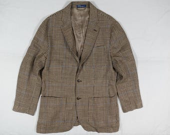 Chaqueta Blazer Polo Ralph Lauren Abrigo Cuadros Espiga Tweed 100% Lino Azul 40
