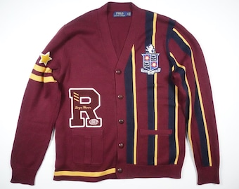 Cardigã Polo Ralph Lauren Varsity R Crest Borgonha Dourado Letterman M