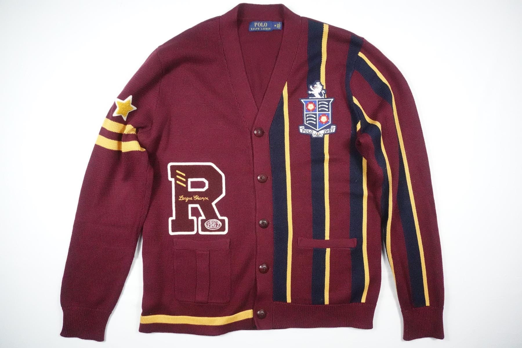 Polo Ralph Lauren Cardigan Sweater Varsity R Crest Burgundy Gold 