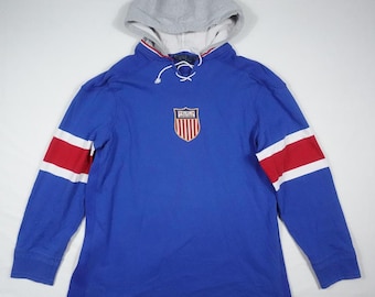 Polo Ralph Lauren Hoodie Rugby Blue Shield Hockey 15 RARE Vintage 90s Lo Life L