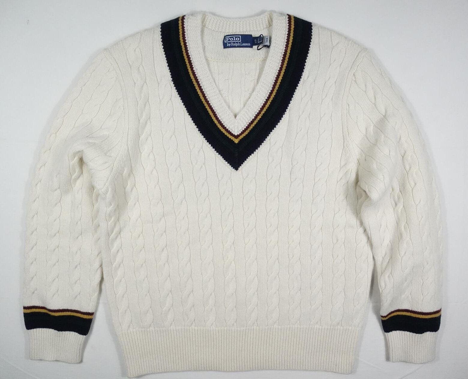 Polo Ralph Lauren Sweater Jumper Cricket Cable Knit Wool Tennis V 
