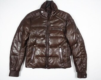Ralph Lauren Black Label Jacket Puffer Down Leather Brown Quilted RARE S