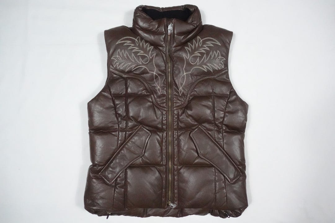 RLX Ralph Lauren Vest Jacket Leather Brown Puffer Down Western