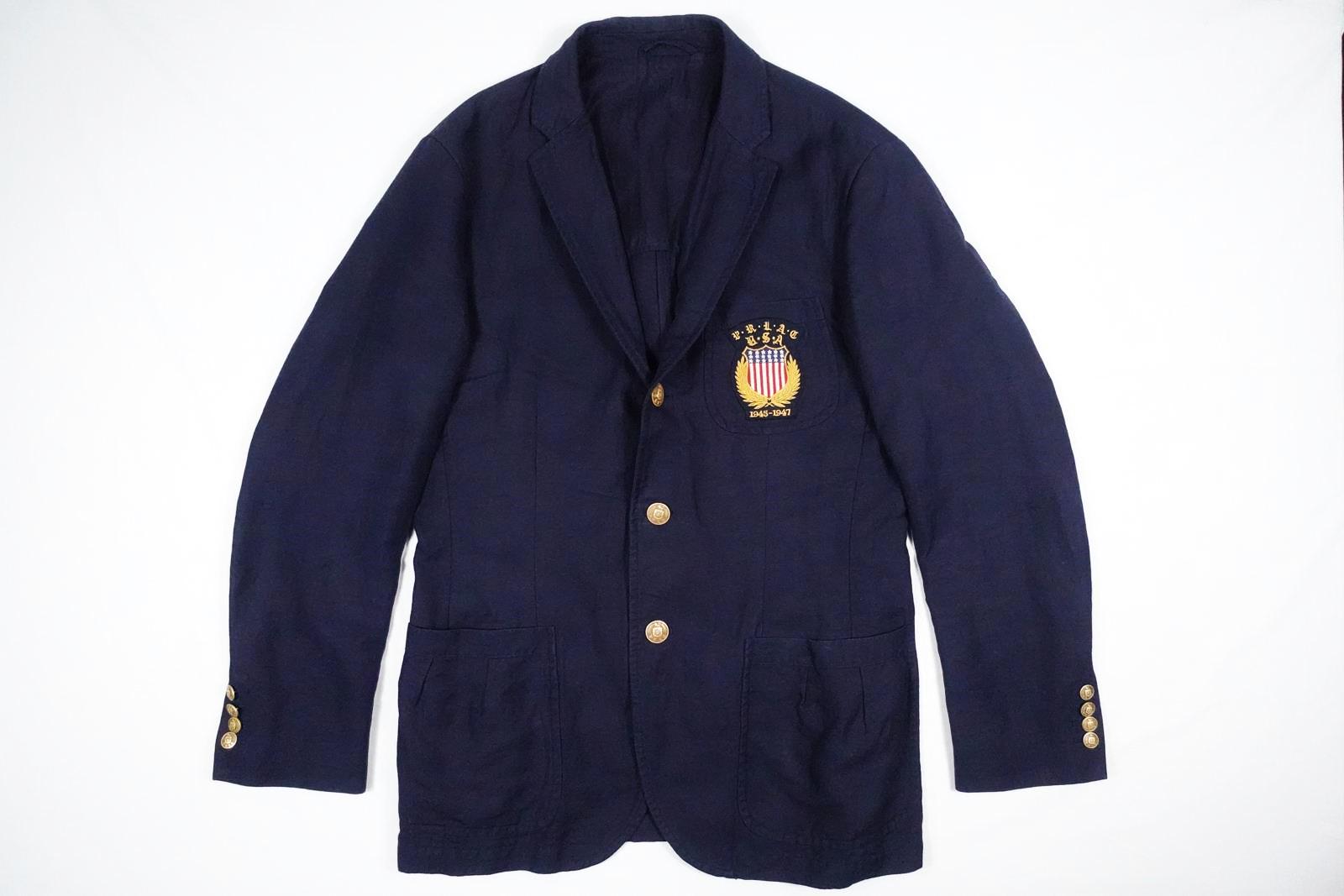 Polo Ralph Lauren Blazer Jacket Sport Coat Navy USA Crest Gold Linen 40