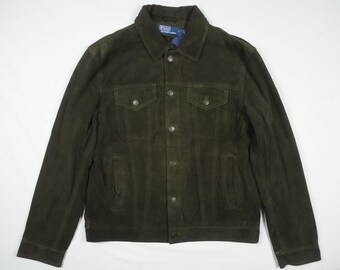 Polo Ralph Lauren Jacket Khaki Olive Green Suede Leather Trucker RARE NWT M