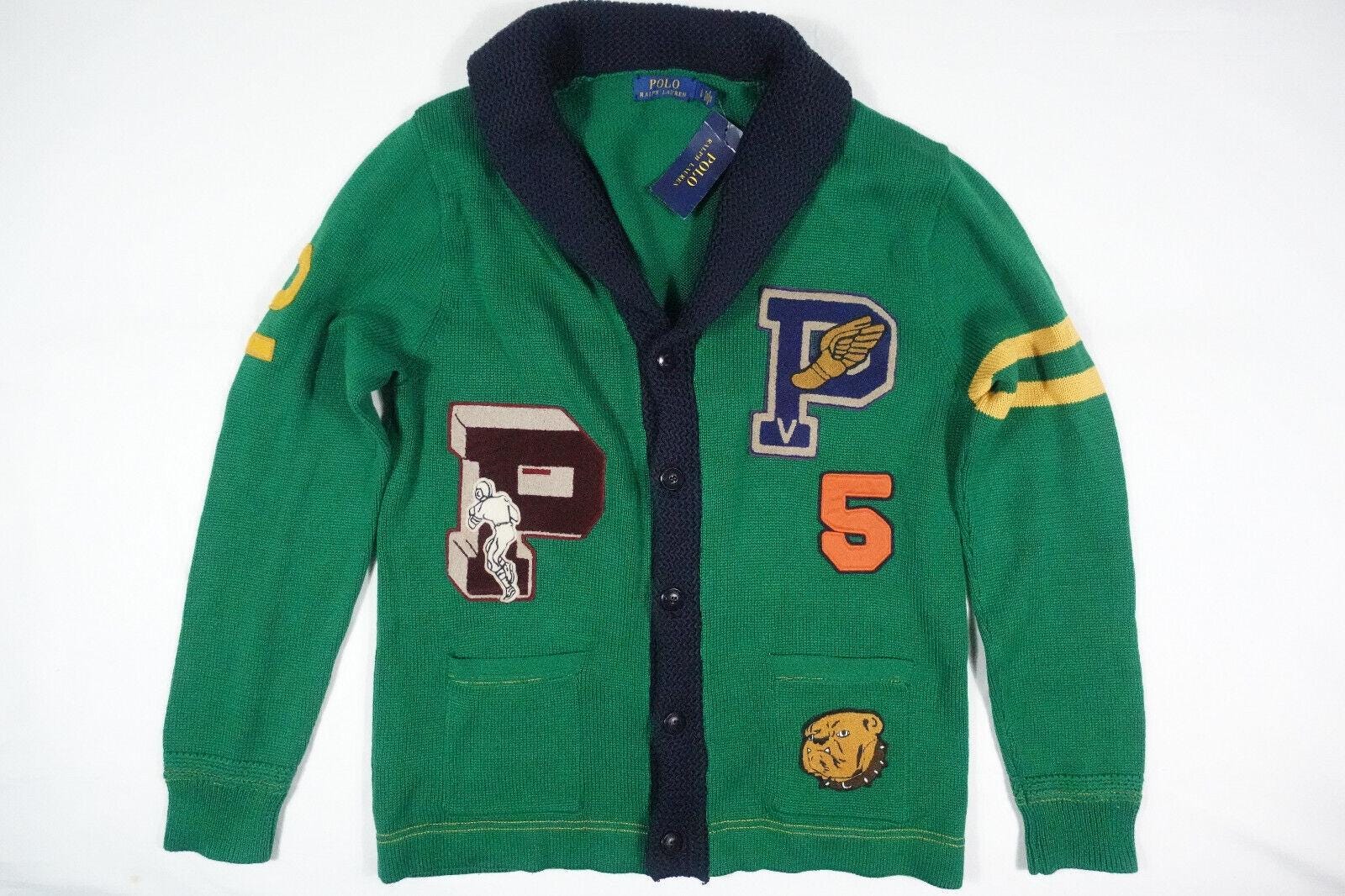 Polo Ralph Lauren Cardigan Sweater Varsity Letterman P Wing Green 