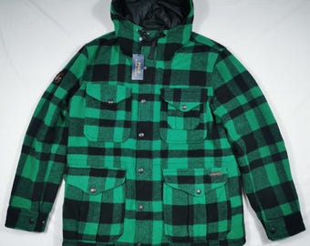 Chaqueta Polo Ralph Lauren con capucha, lana verde tartán, Sportsman Ski Club, RARA L