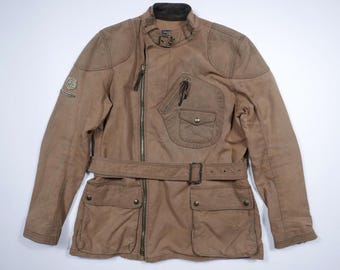 Chaqueta Ralph Lauren Blue Label encerada marrón estilo motero, estilo utilitario, con cinturón, estilo vintage, talla 12