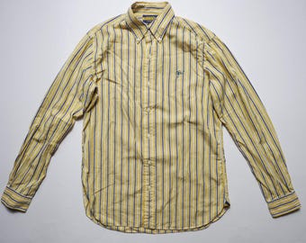 Camiseta de rugby Ralph Lauren con jugador a rayas bordada en amarillo, rara, vintage, talla S
