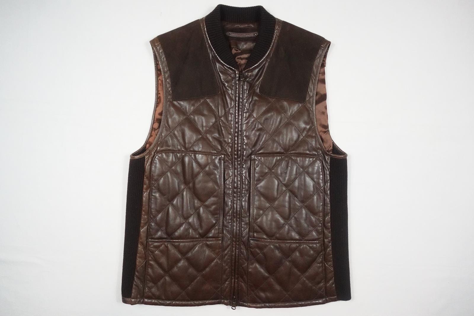 Ralph Lauren Purple Label Vest Brown Leather Quilted Italy