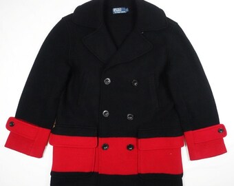 Polo Ralph Lauren Jacket Pea Coat Black Red Double Breasted Merino Wool S