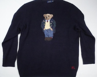 Polo Ralph Lauren Sweater Jumper Navy Bear Intarsia Toggle Duffle Coat RARE 3LT
