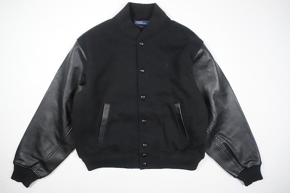 Polo Ralph Lauren Jacket Bomber Varsity Black Leather Spellout