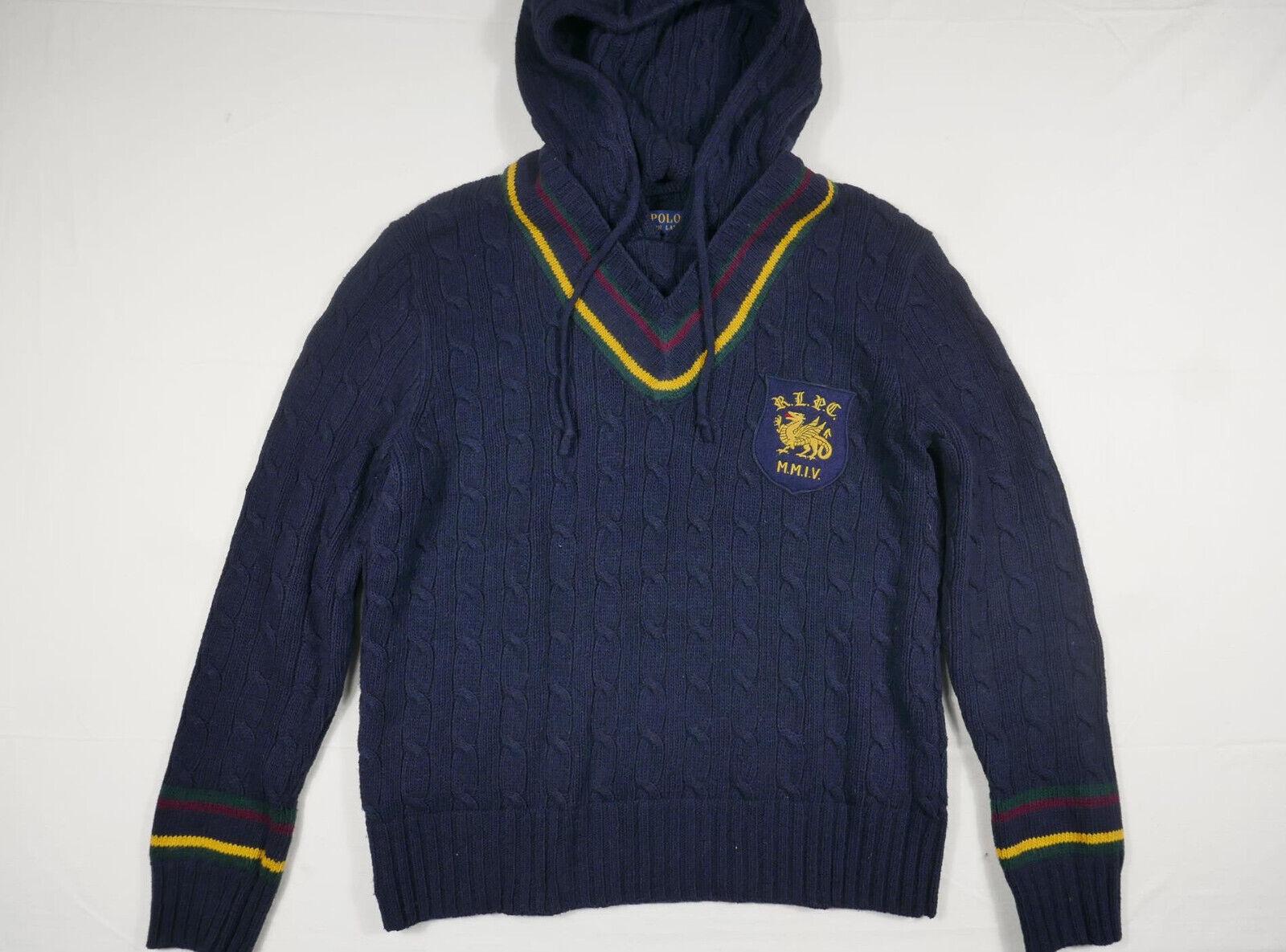 Polo Ralph Lauren Sweater Hooded Cable Cricket Navy Crest Cashmere RARE M