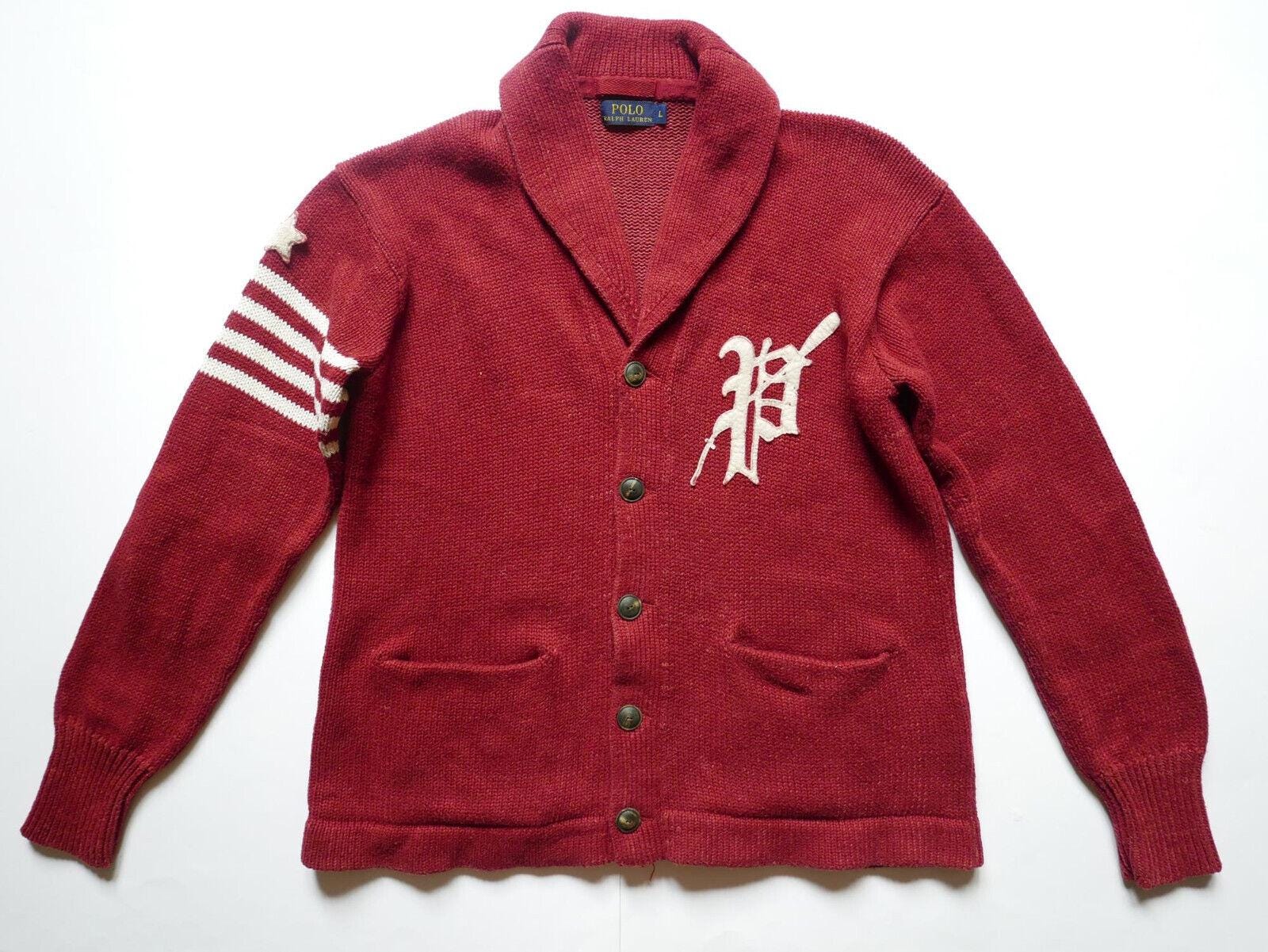 Polo Ralph Lauren Cardigan P Varsity Red Patchwork Collegiate Linen RARE S