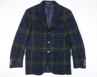 Chaqueta Blazer Polo Ralph Lauren Sport Coat Tartán Plaid Italia Lana Azul Marino Verde 48