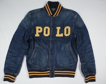 Polo Ralph Lauren Jacket Bomber Varsity Denim Letterman Spellout Logo RARE S