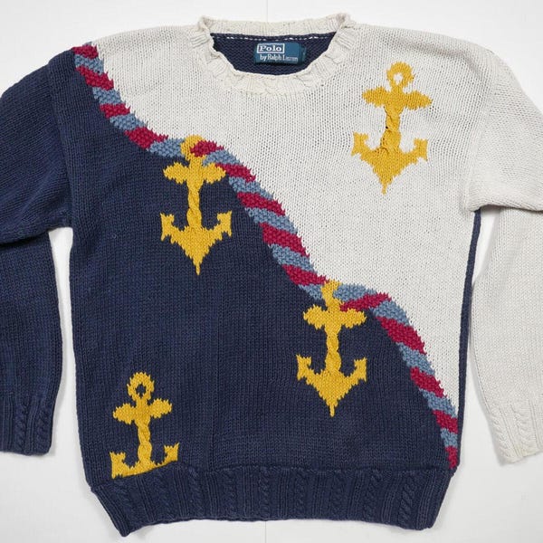 Polo Ralph Lauren Sweater Jumper Knit Marine Anchor Navy White RARE Vintage M