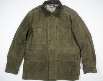 Polo Ralph Lauren Jacket Coat Green Leather Suede Hunting Sportsman Military L