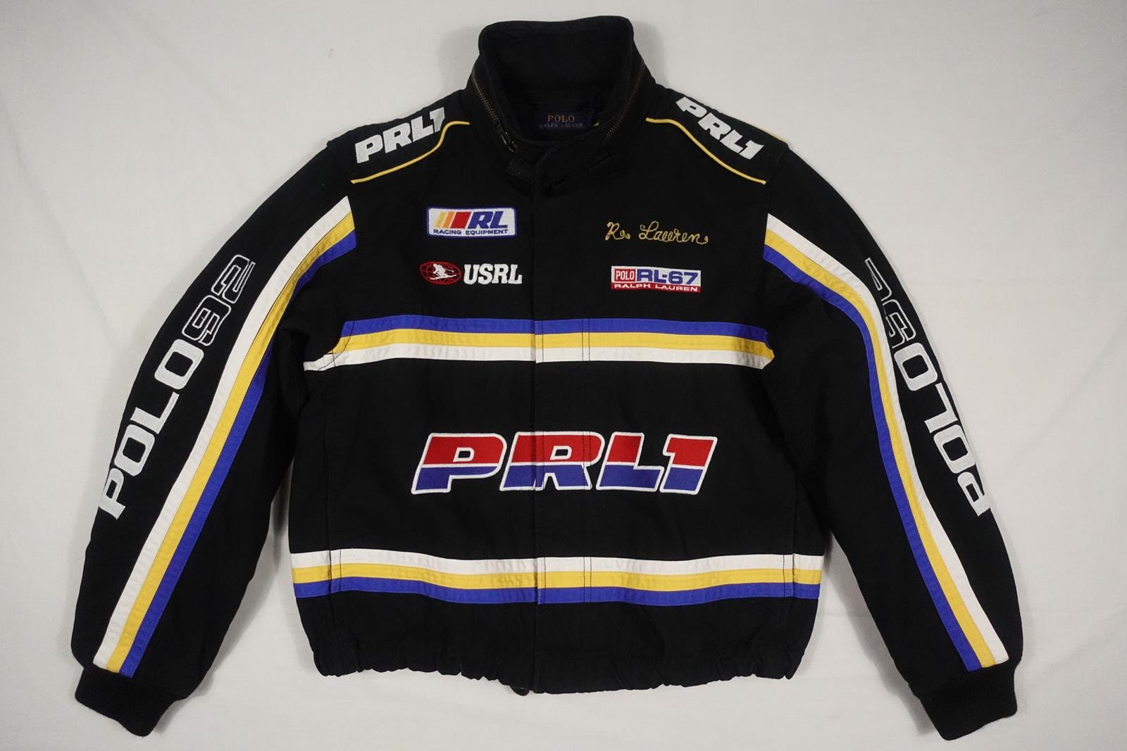 Polo Ralph Lauren Jacket Black Racing Bomber Patches USRL Canvas 