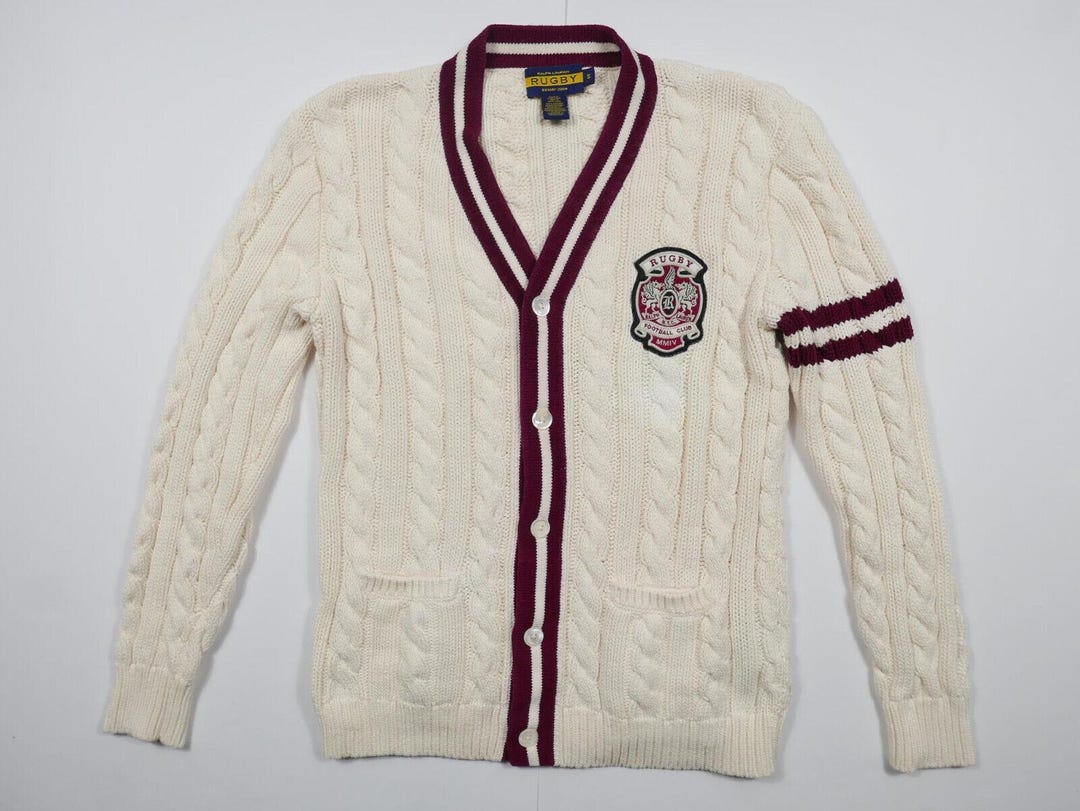 Ralph Lauren Rugby Cardigan Sweater Cable Knit Crest Tennis Cream