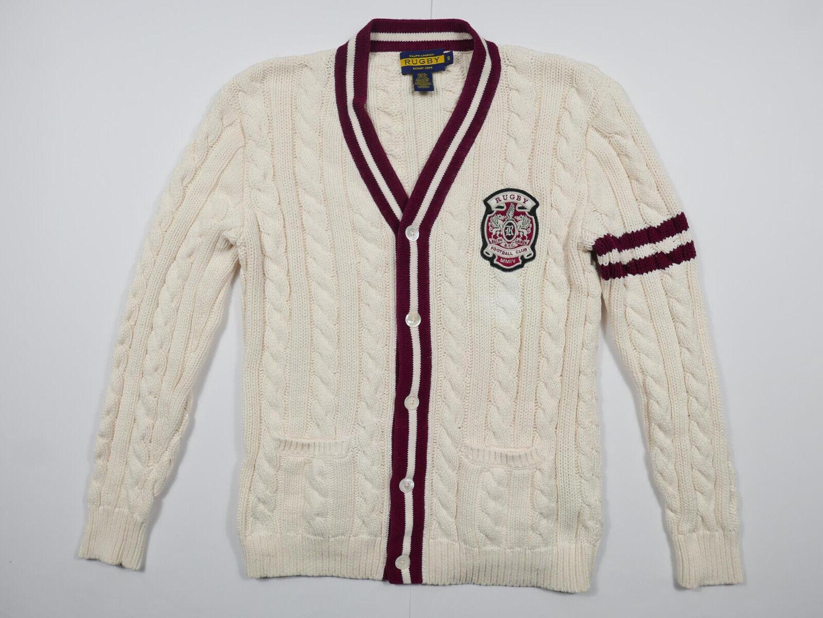 Ralph Lauren Rugby Cardigan Sweater Cable Knit Crest Tennis Cream