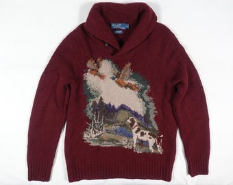 Polo Ralph Lauren Sweater Shawl Dog Hunting Mallard Duck Sportsman Wool Knit L
