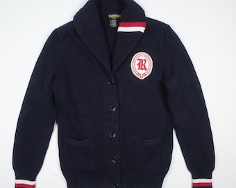 Ralph Lauren Rugby Cardigan Sweater Navy Crest Linen Varsity Collegiate RARE L