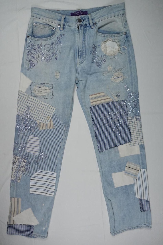 Ralph Lauren Purple Label Jeans Pants Denim Patchwork Sequins RARE