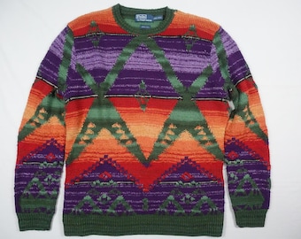 Polo Ralph Lauren Sweater Aztec Indian Southwestern Hand Knit Linen Silk XXL