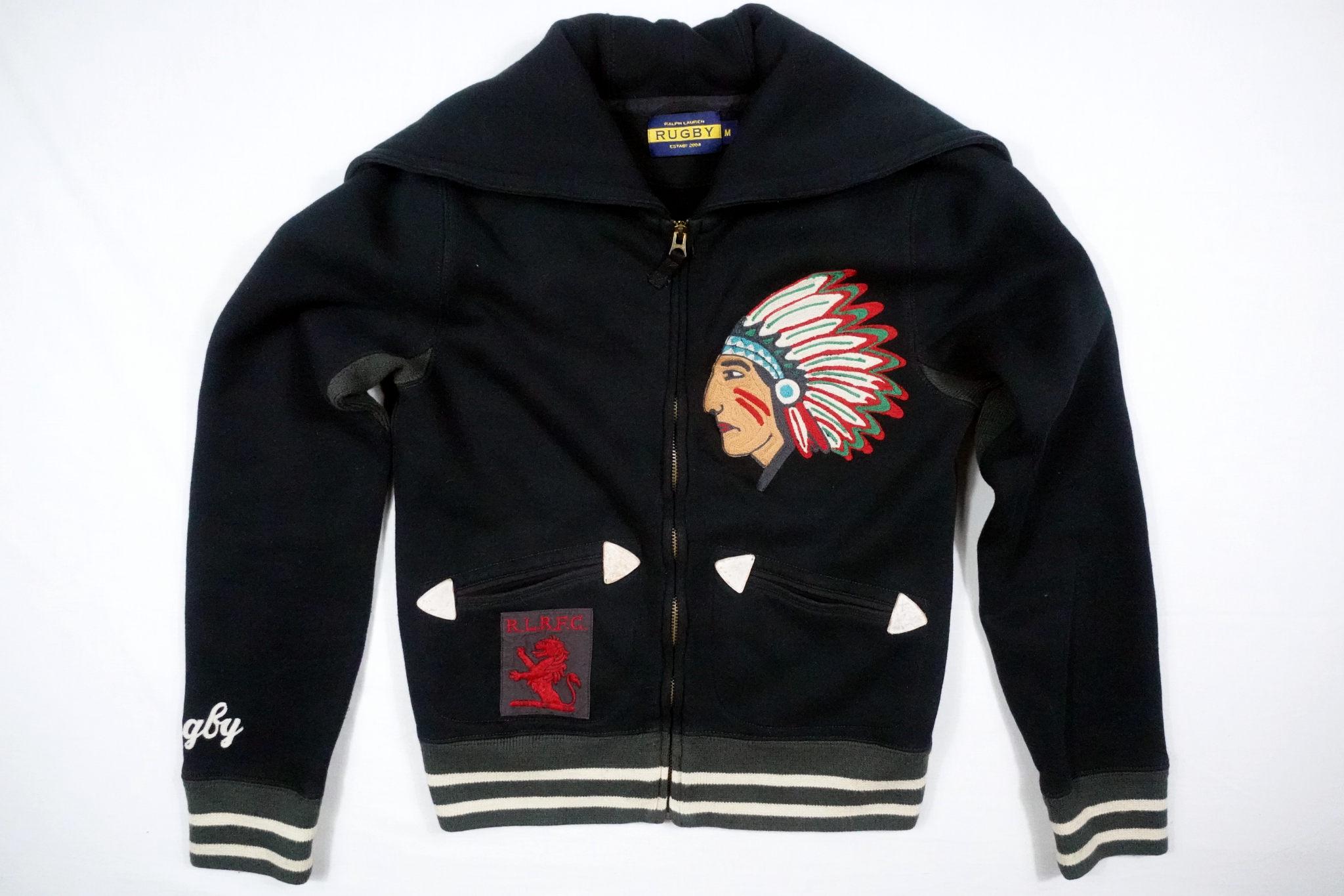 Ralph Lauren Rugby Jacket Hooded Black Varsity Letterman Indian 