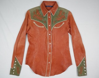 Ralph Luren Blue Label Shirt Western Leather Indian Orange Green Pearls 6