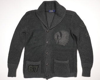Suéter tipo cárdigan Polo Ralph Lauren con cabeza de jefe indio, color negro, talla universitaria, raro