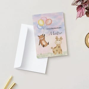 Cartão de boas-vindas, cartão de felicitações, cartão de bebê, bebê, recém-nascido, cartão de parabéns, cartão de aniversário, cartão de animal, cartão de animal selvagem, cartão pintado à mão