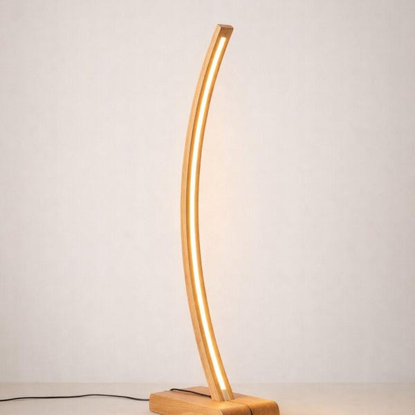 Wooden Floor Lamp with Curved Design, Warm LED Wooden Standing Lamp for Modern Living Room Bedroom Decor Style