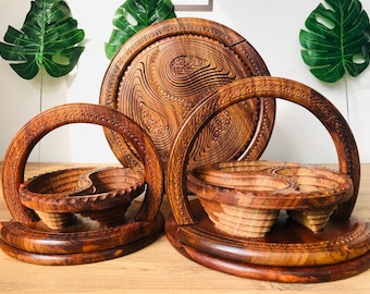 Foldable wooden basket, 3 compartment rosewood trivet to basket, centerpiece collapsible basket, Christmas gift basket